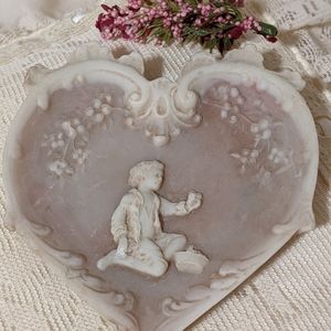 Vintage dish. Pink heart stone incolay with boy
